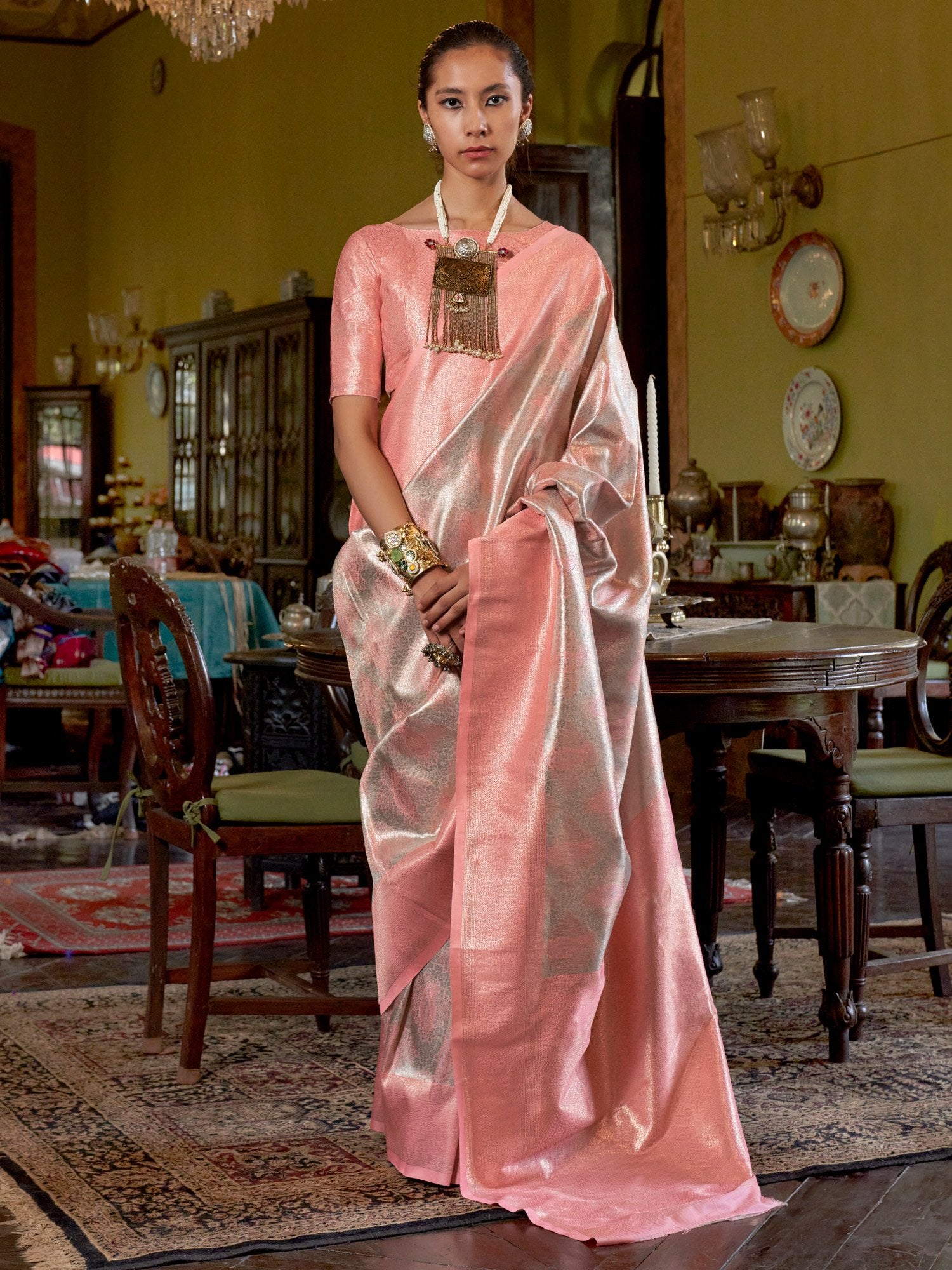 Peach Banarasi Kanjeevaram Silk Woven Saree