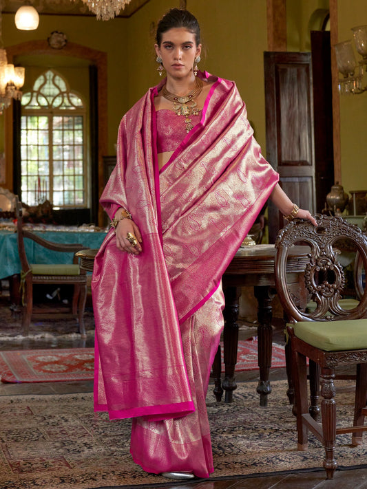 Pink Magenta Banarasi Kanjeevaram Silk Woven Saree