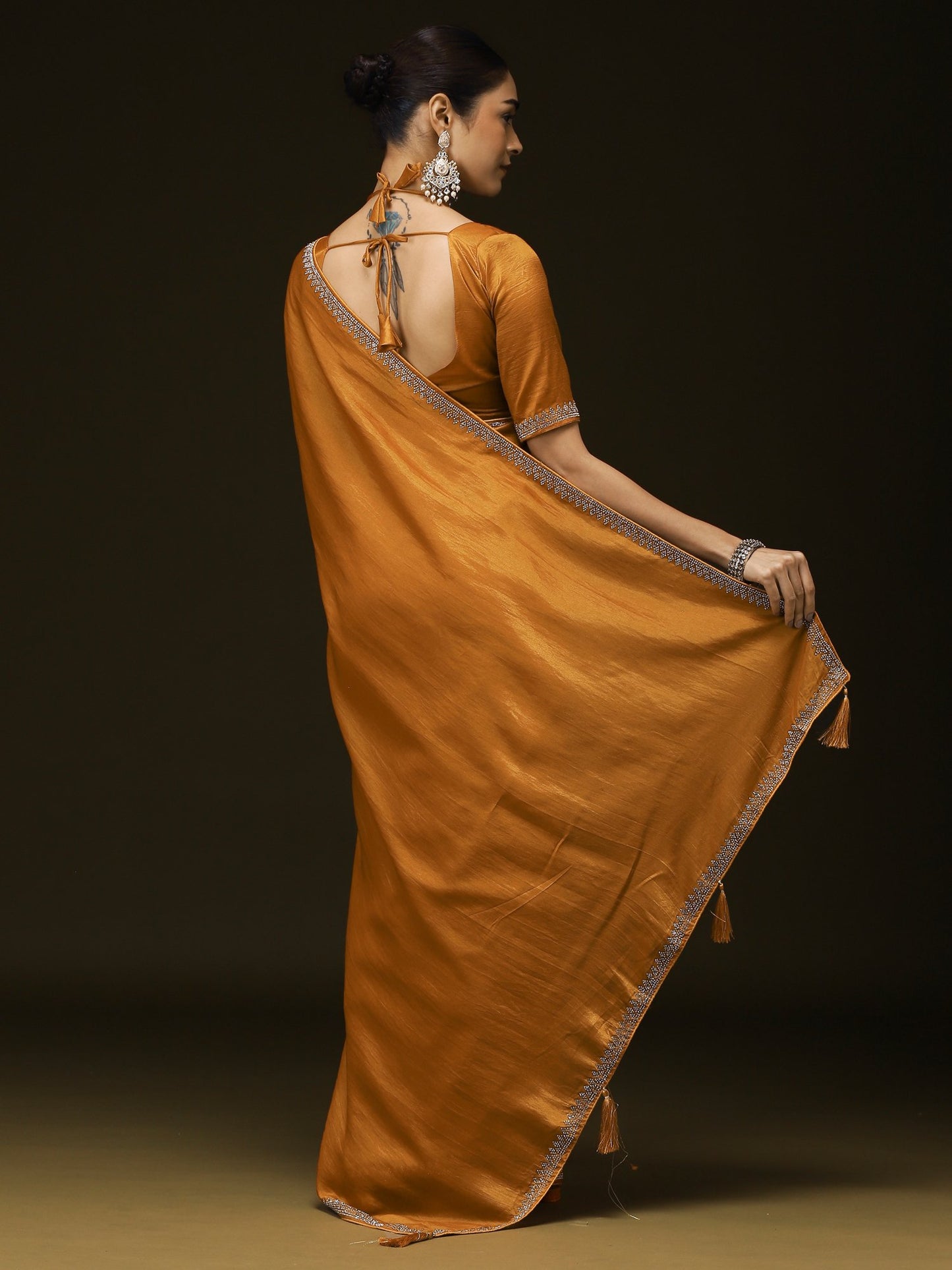 Mustard Party Wear Satin Silk Embellished Saree