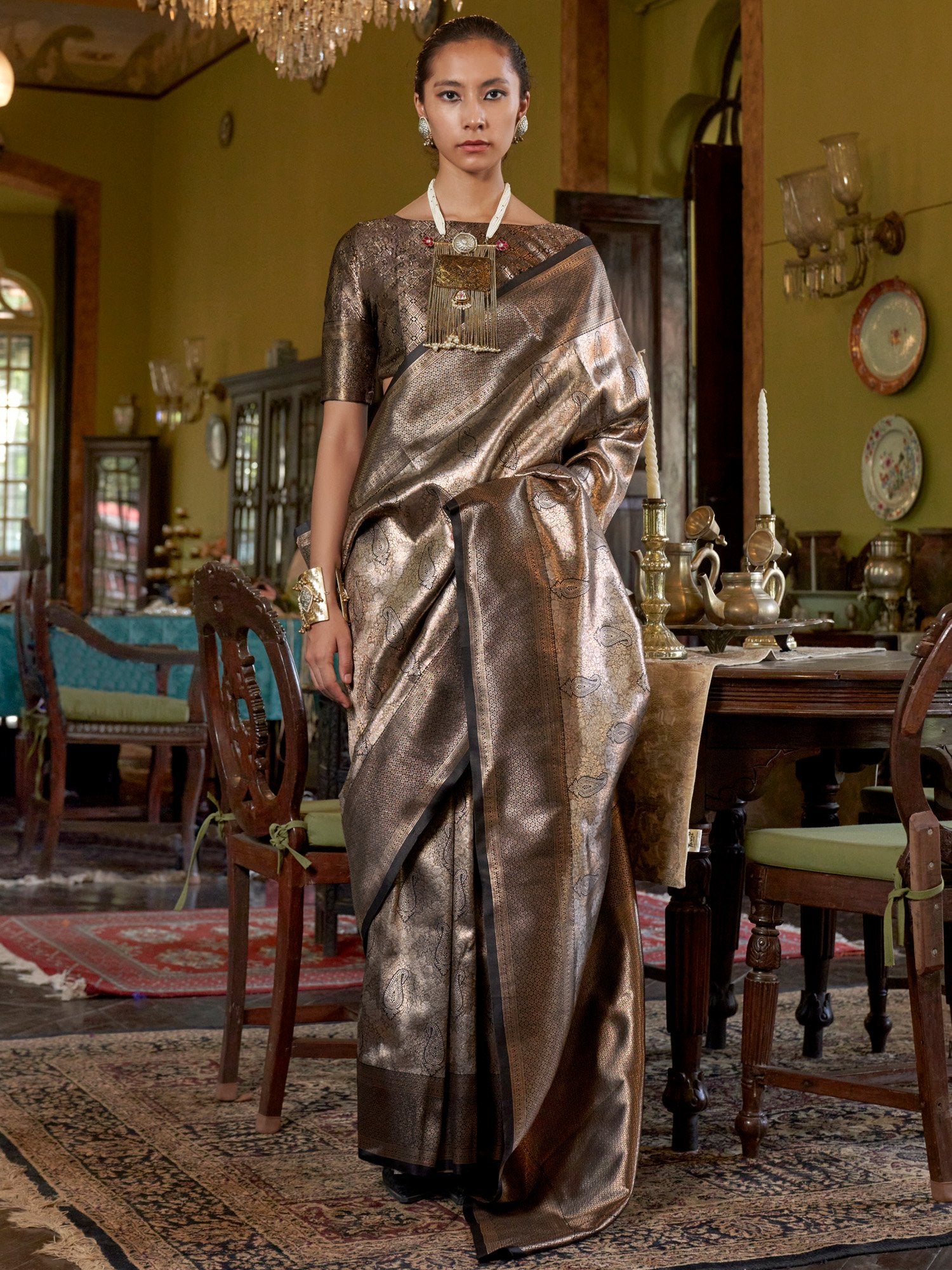 Grey Banarasi Kanjeevaram Silk Woven Saree