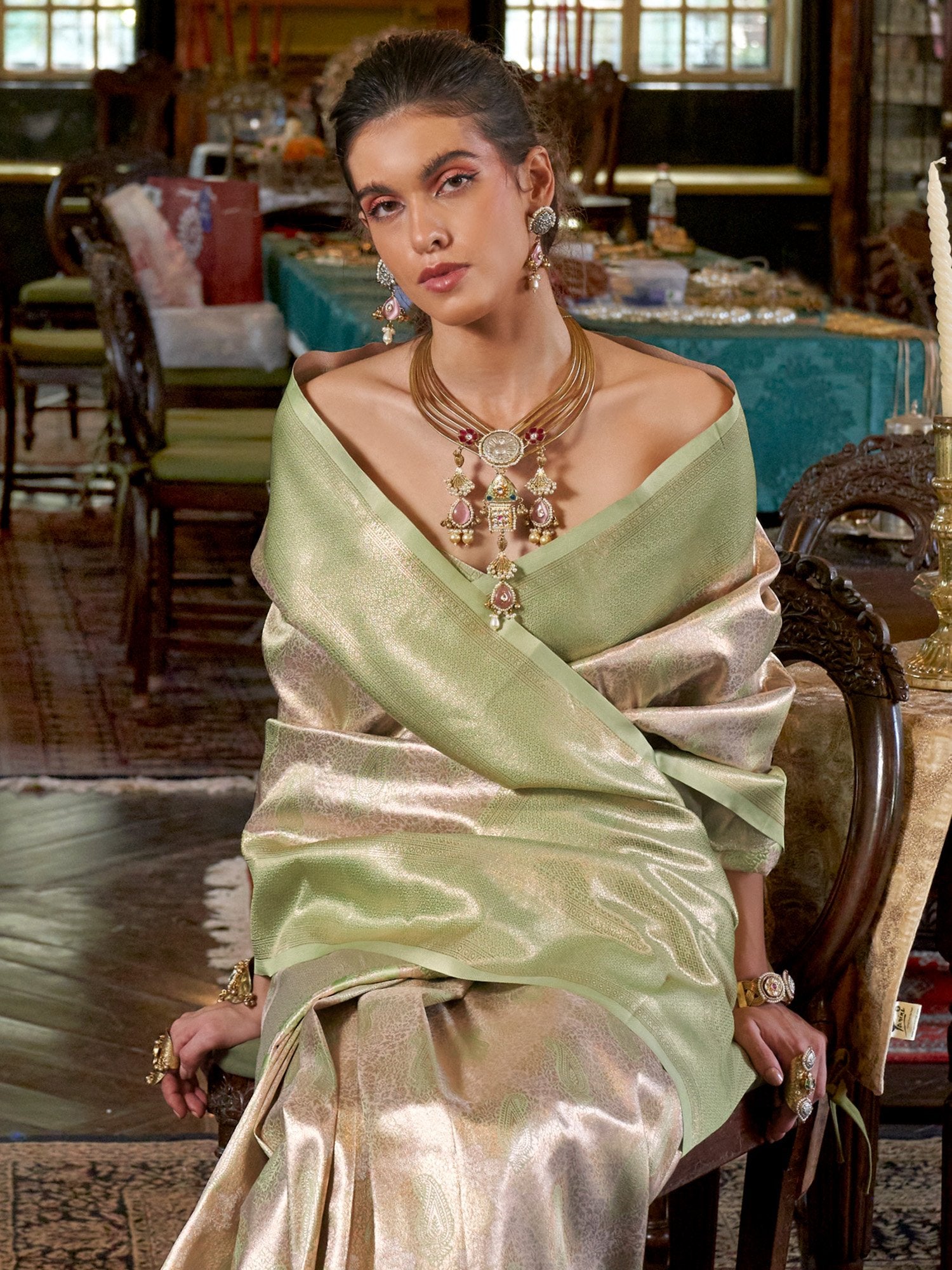 Gold Banarasi Kanjeevaram Silk Woven Saree