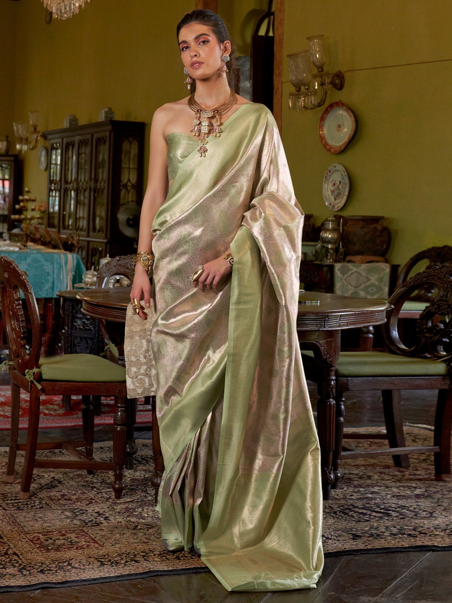 Gold Banarasi Kanjeevaram Silk Woven Saree