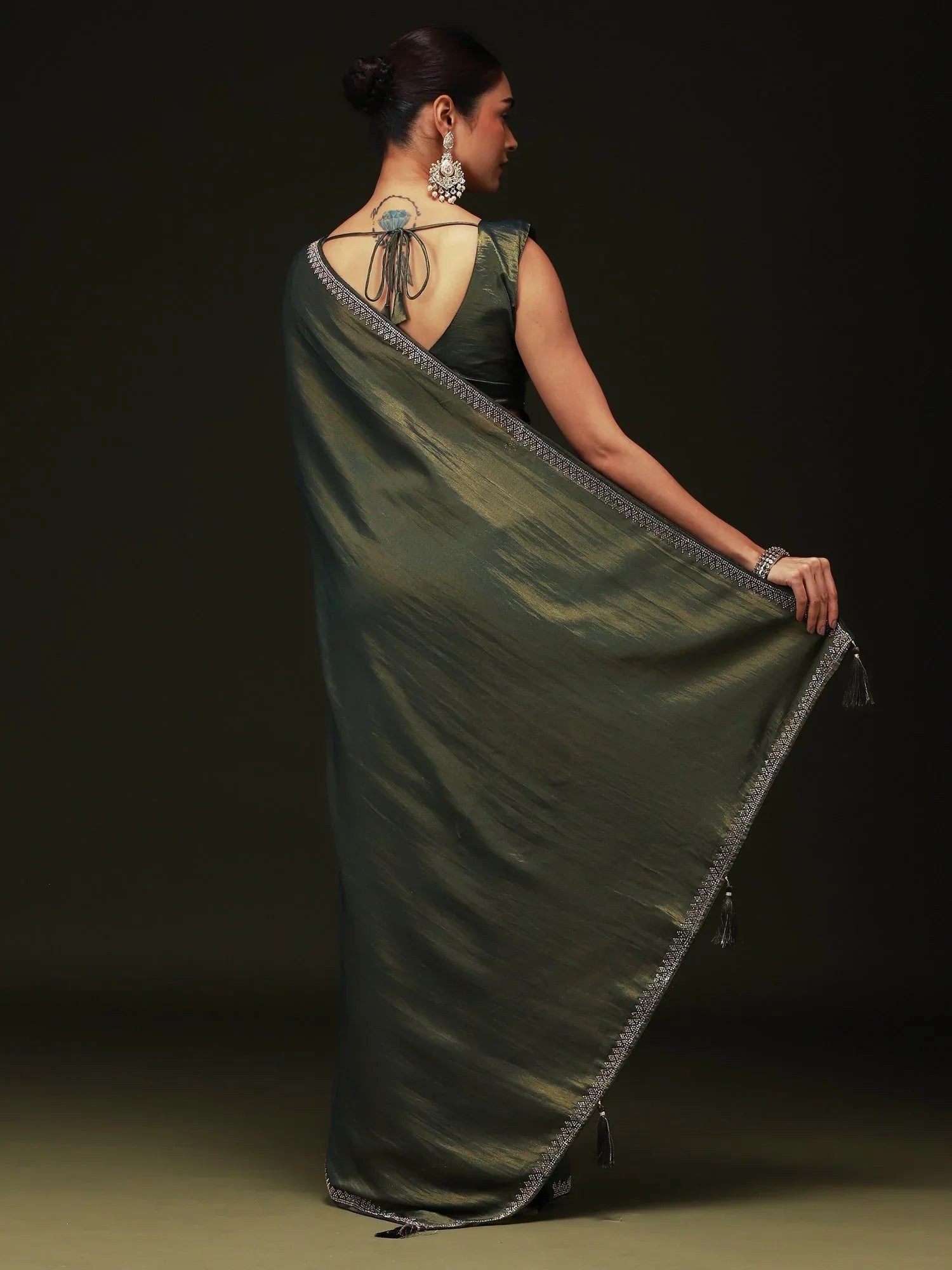 Green Party Wear Satin Silk Embellished Saree - The Dori Store
