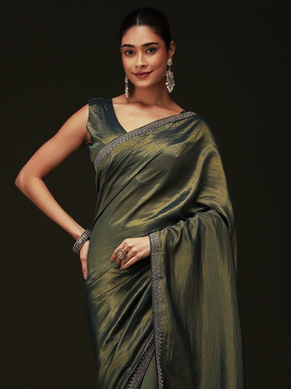 Green Party Wear Satin Silk Embellished Saree