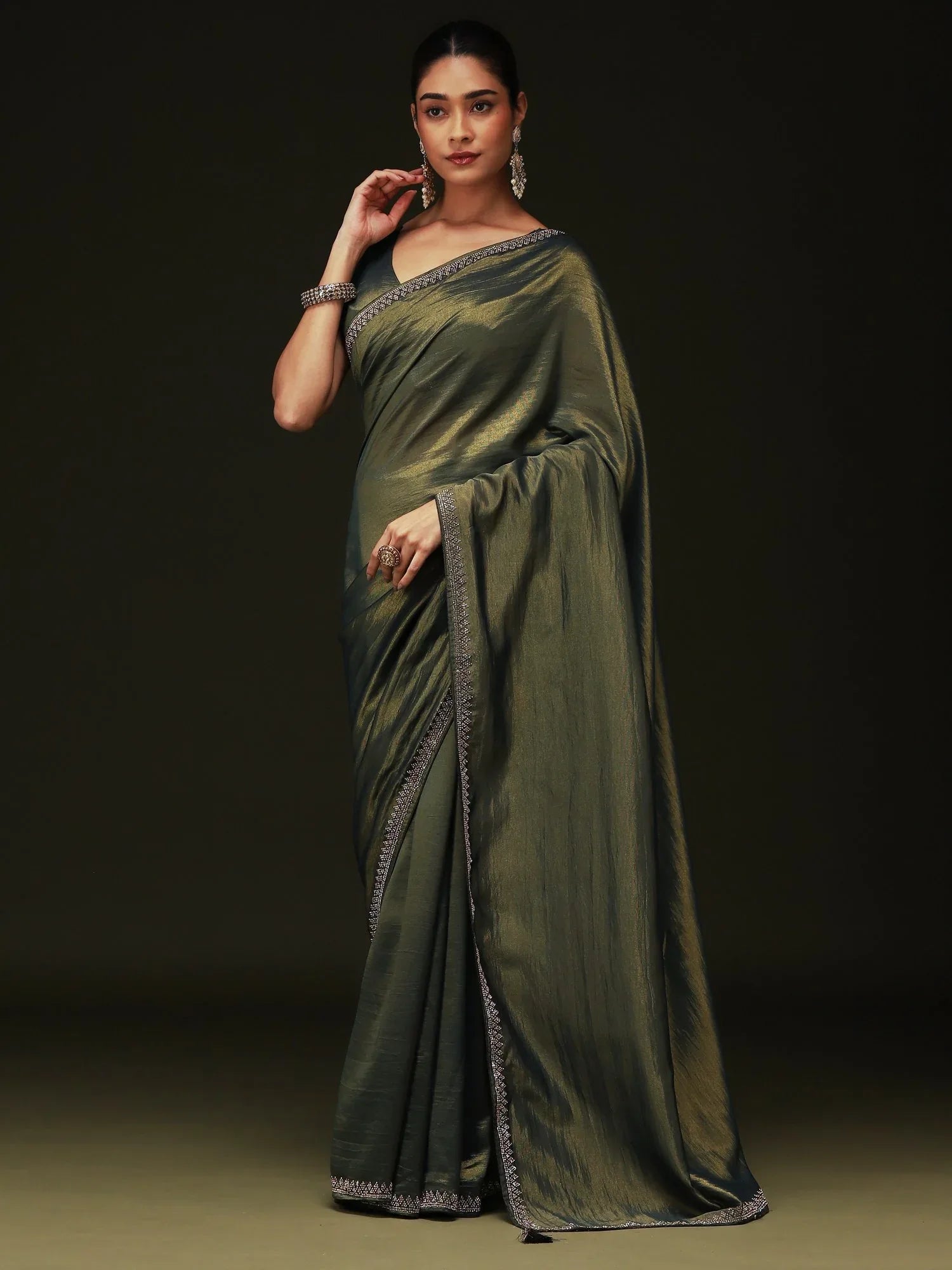 Green Party Wear Satin Silk Embellished Saree - The Dori Store