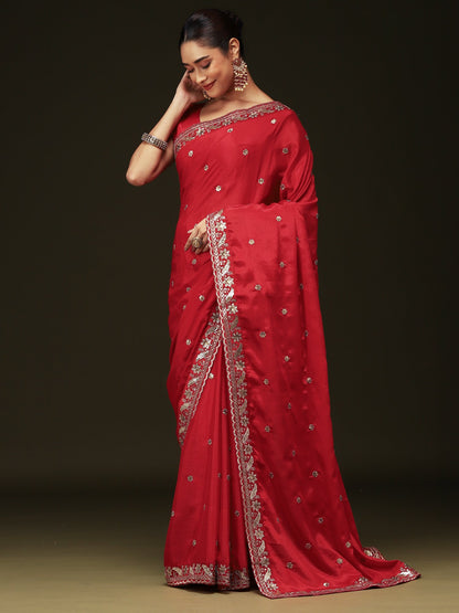 Red Party Wear chinnon Embellished Saree