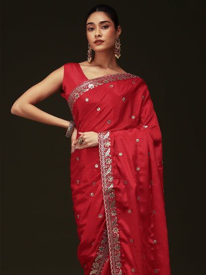 Red Party Wear chinnon Embellished Saree