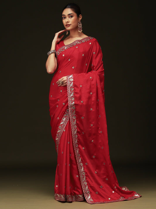 Red Red Party Wear chinnon Embellished Saree
