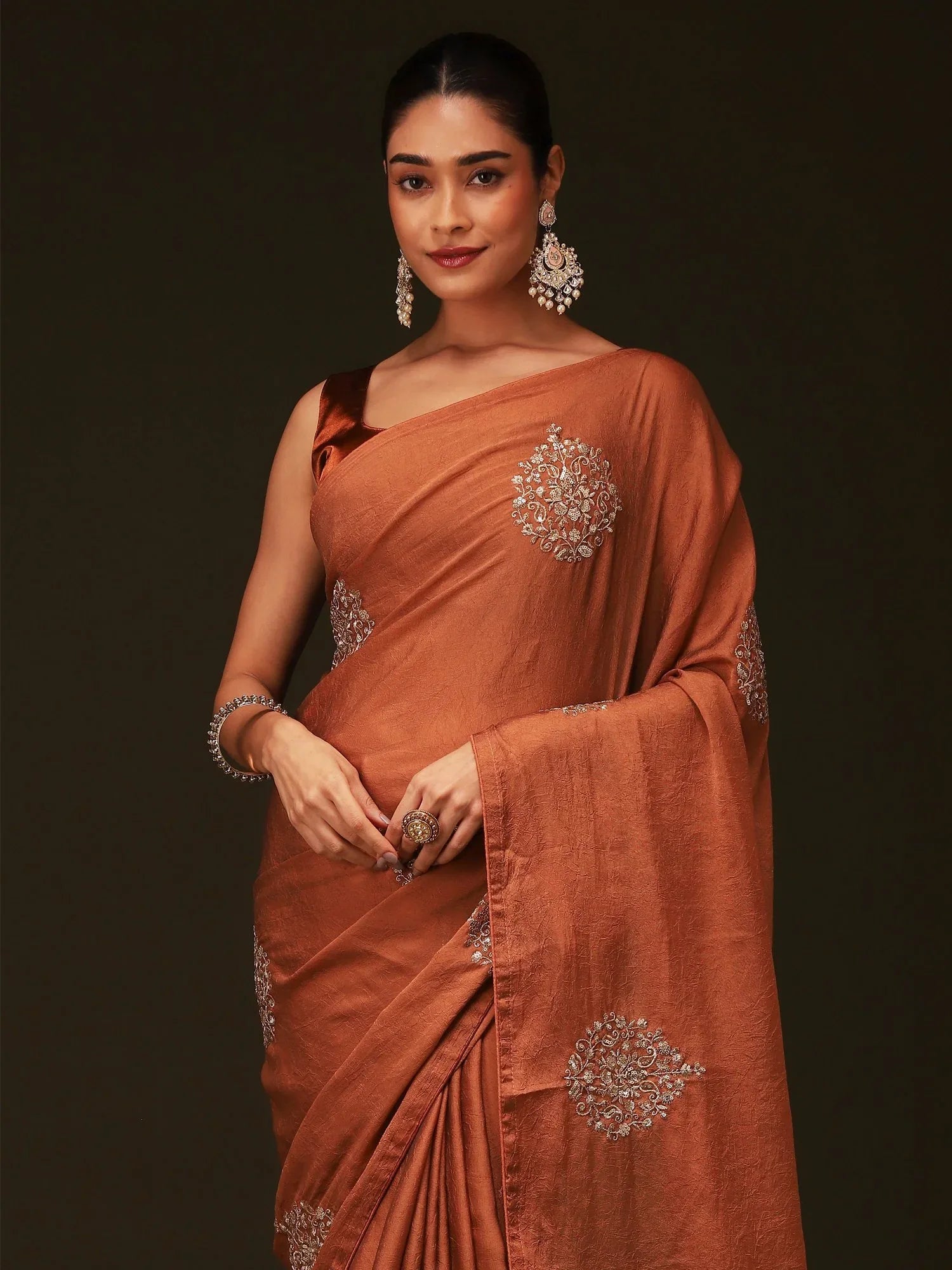 Rust Party Wear Georgette Embellished Saree