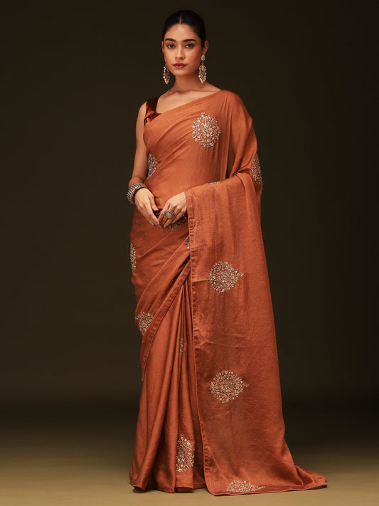 Brown Rust Party Wear Georgette Embellished Saree