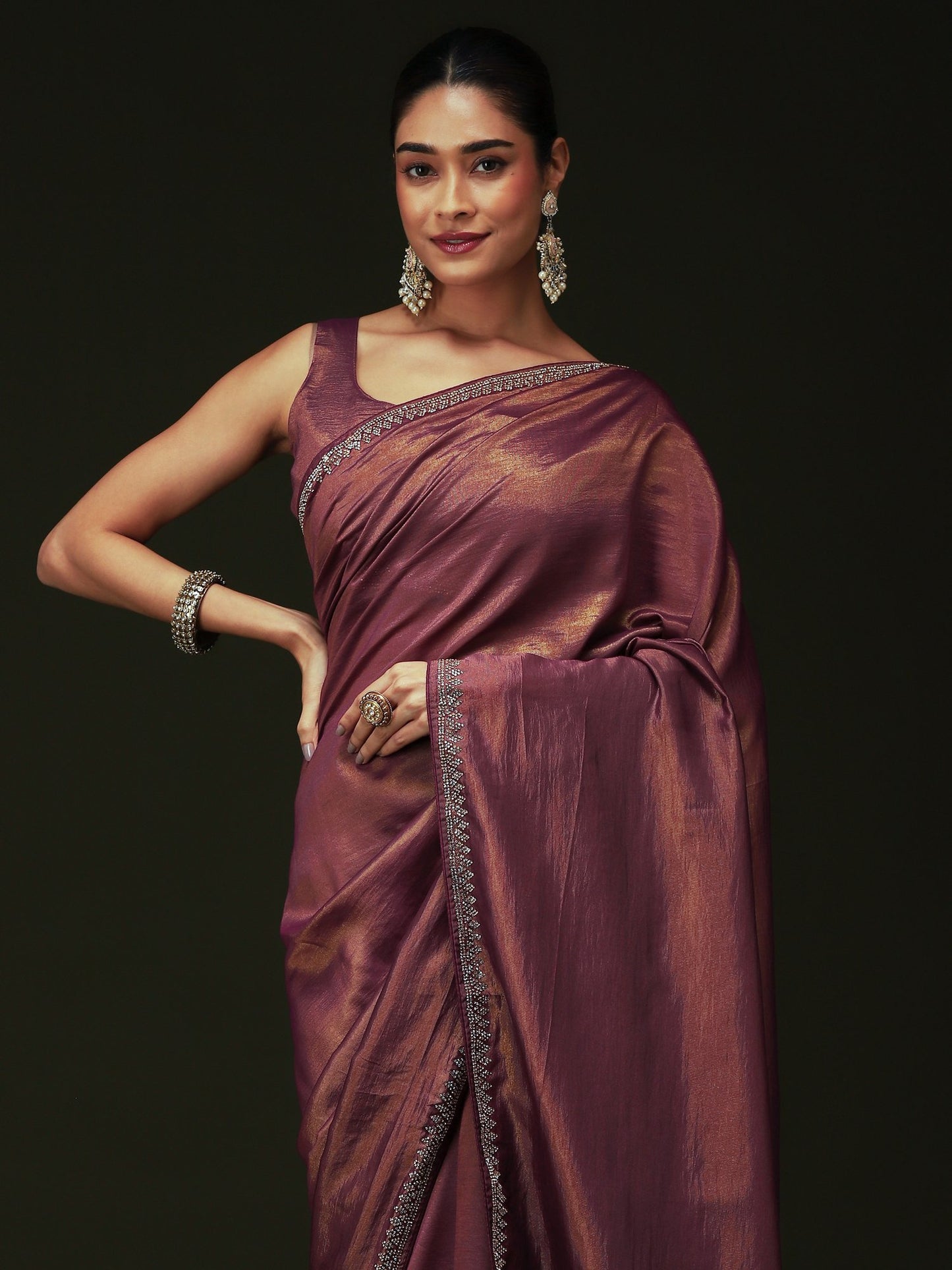 Purple Party Wear Satin Silk Embellished Saree