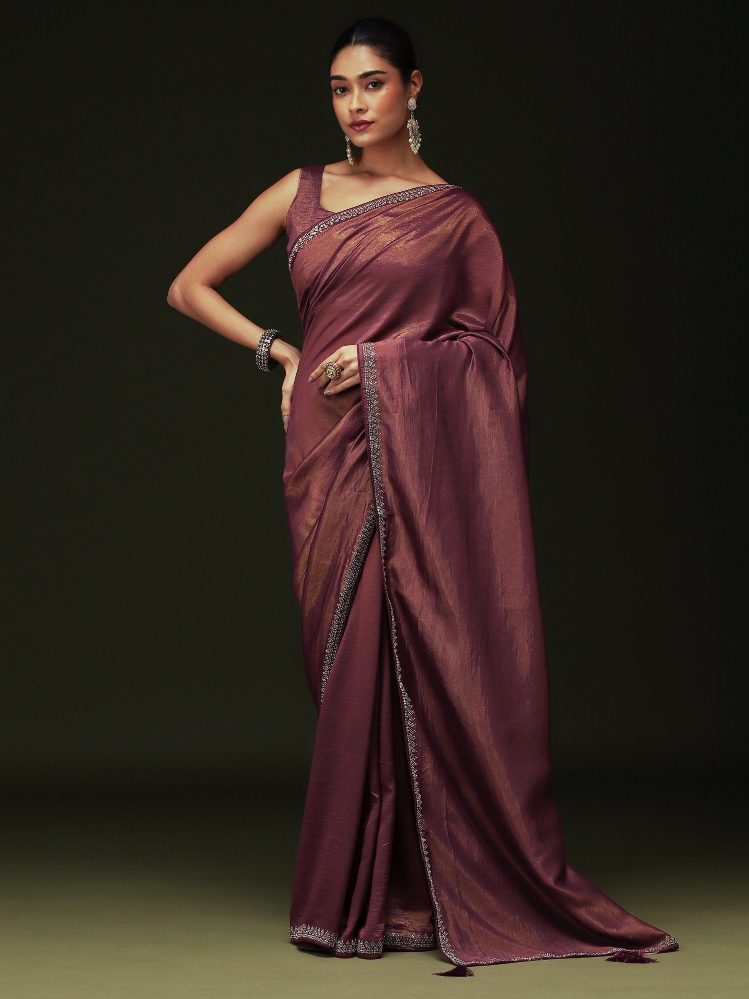 Purple Purple Party Wear Satin Silk Embellished Saree