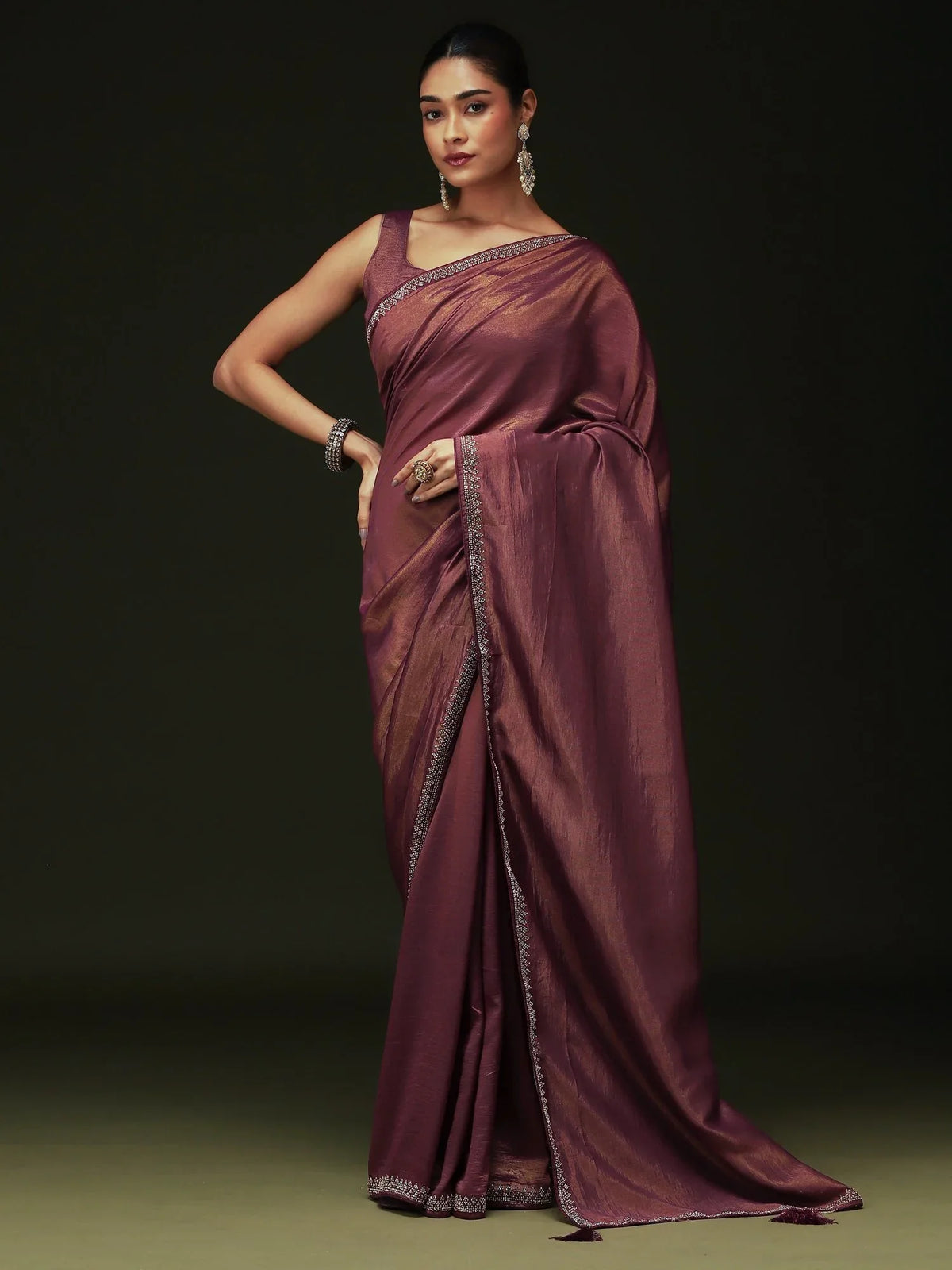 Purple Party Wear Satin Silk Embellished Saree - The Dori Store