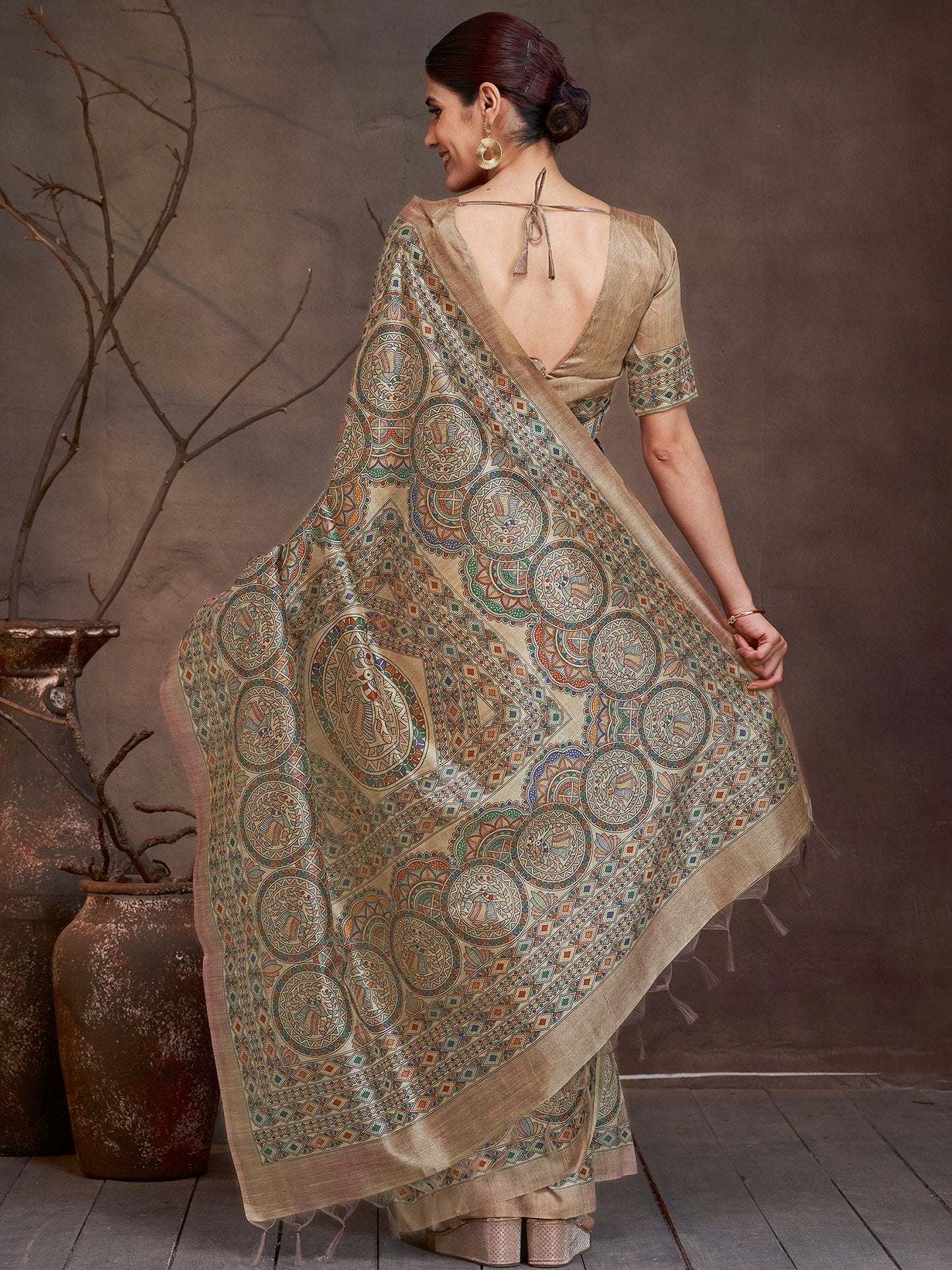 Beige Banarasi Cotton Silk Digital Print Saree