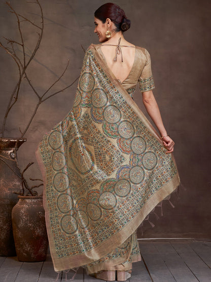 Beige Banarasi Cotton Silk Digital Print Saree