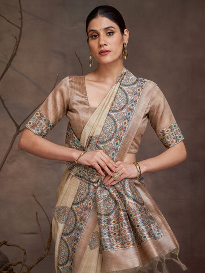 Beige Banarasi Cotton Silk Digital Print Saree