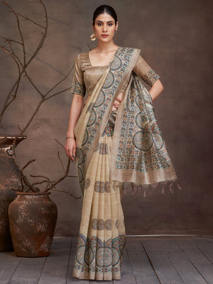 Golden Beige Banarasi Cotton Silk Digital Print Saree