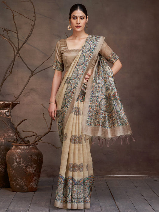 Golden Beige Banarasi Cotton Silk Digital Print Saree