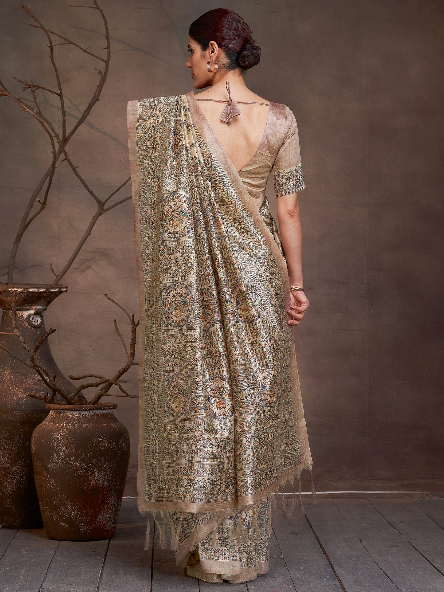 Beige Banarasi Cotton Silk Digital Print Saree