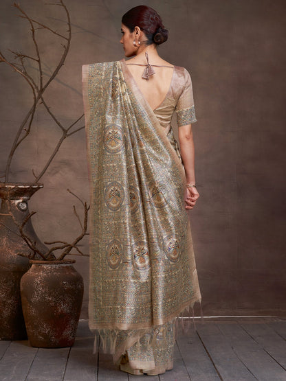 Beige Banarasi Cotton Silk Digital Print Saree