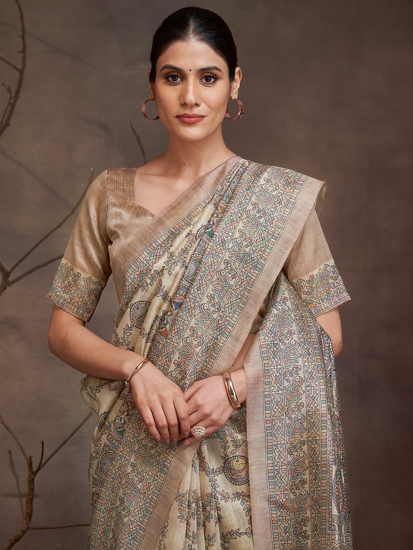 Beige Banarasi Cotton Silk Digital Print Saree
