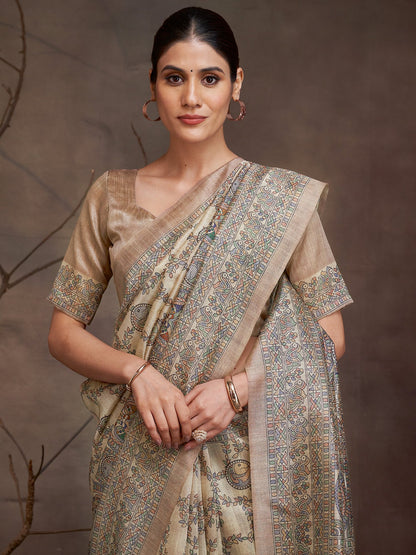 Beige Banarasi Cotton Silk Digital Print Saree