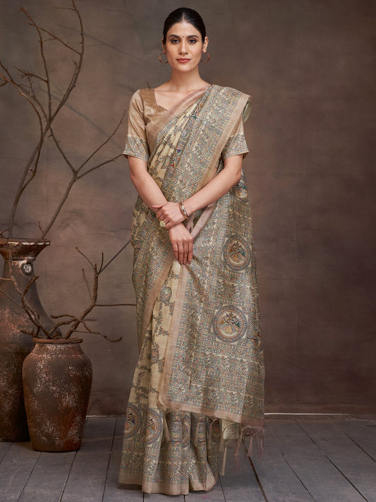 Golden Beige Banarasi Cotton Silk Digital Print Saree