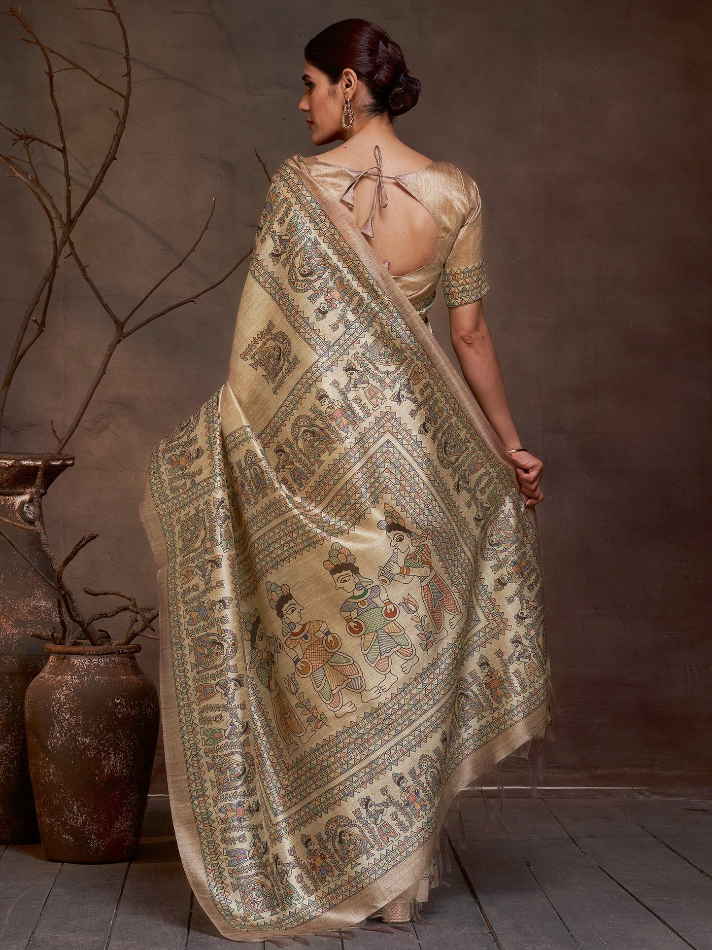 Beige Banarasi Cotton Silk Digital Print Saree
