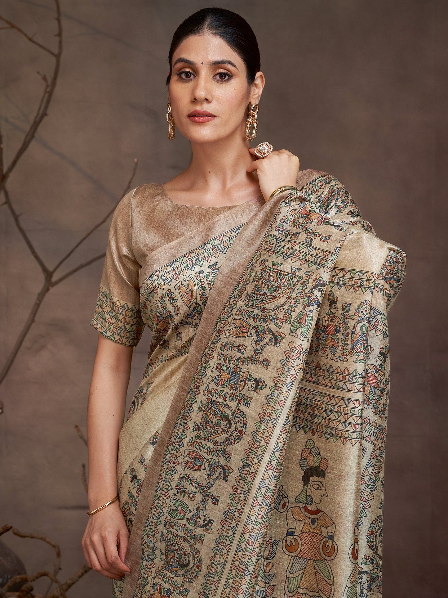 Beige Banarasi Cotton Silk Digital Print Saree