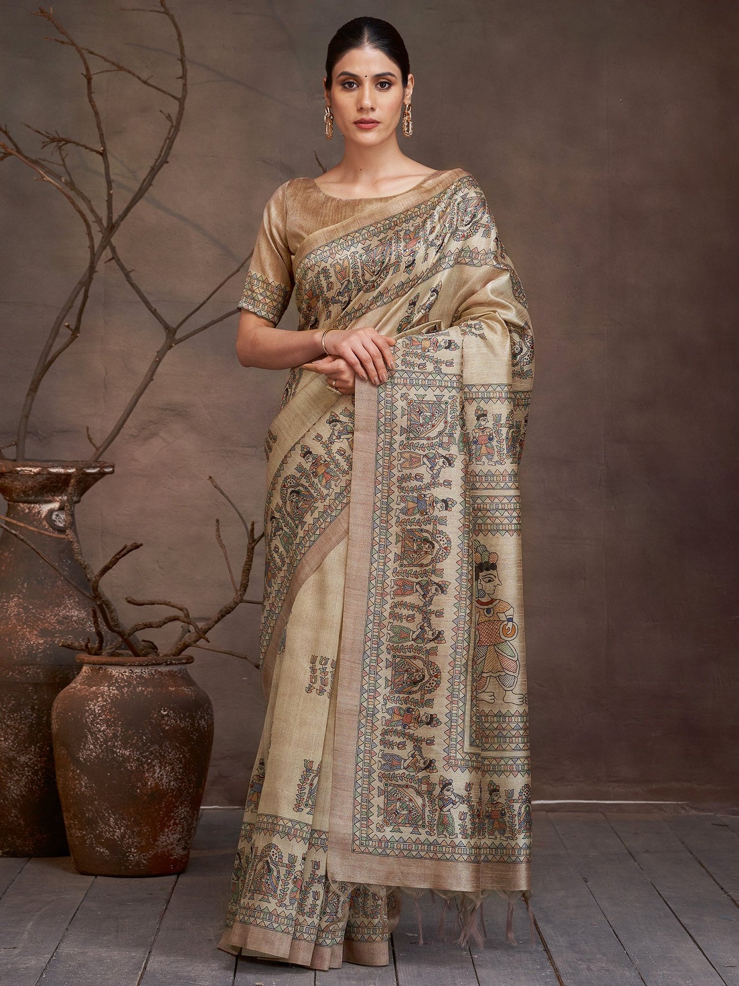 Golden Beige Banarasi Cotton Silk Digital Print Saree