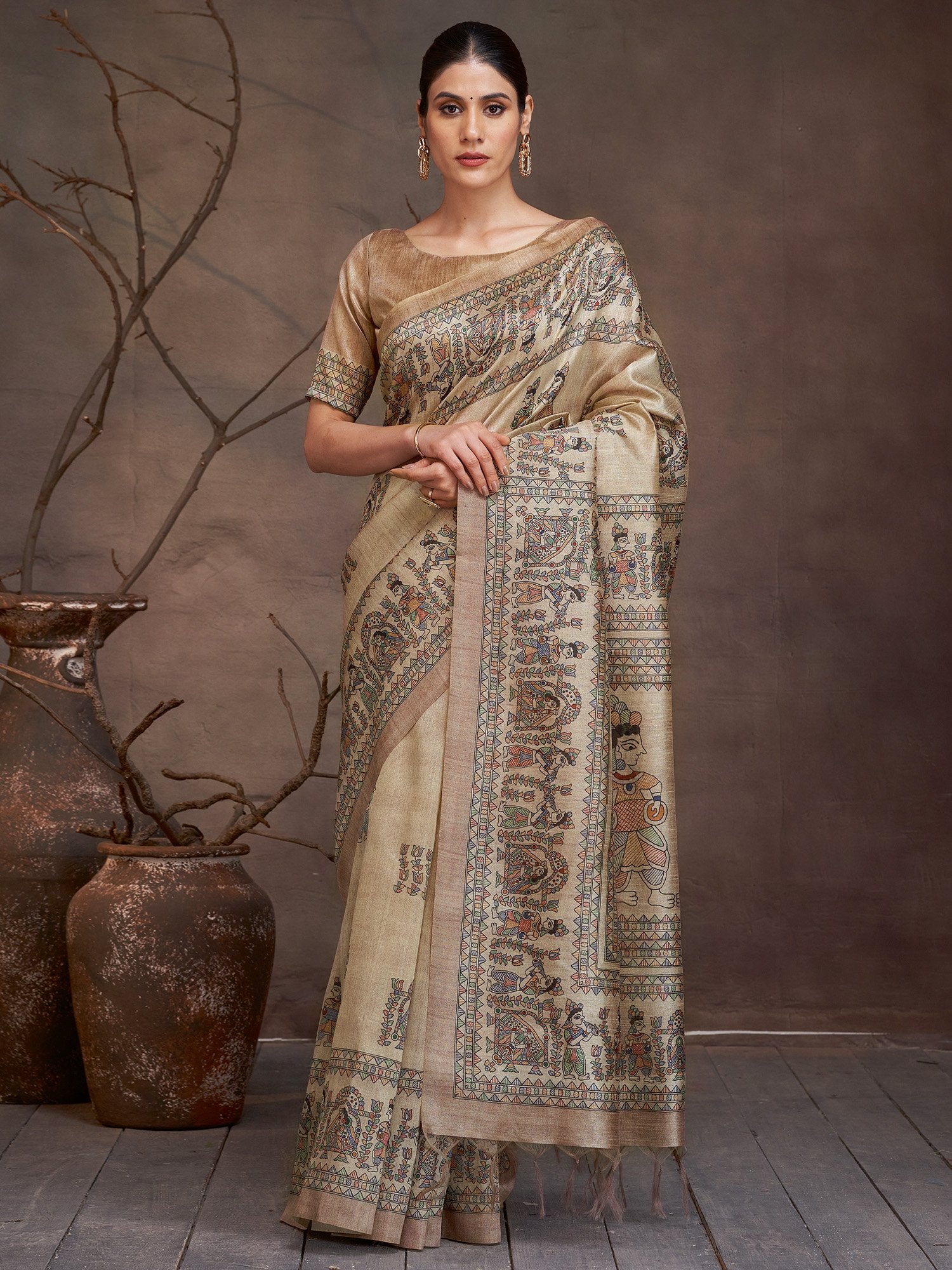 Golden Beige Banarasi Cotton Silk Digital Print Saree