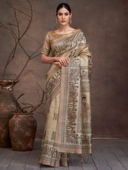Golden Beige Banarasi Cotton Silk Digital Print Saree
