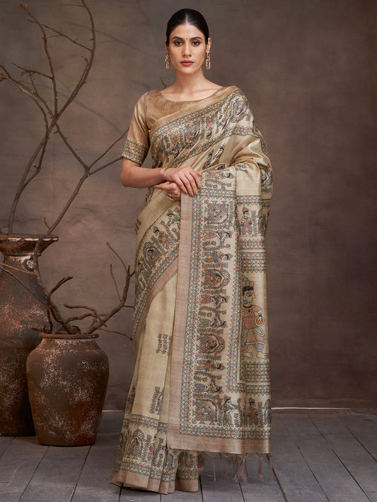 Golden Beige Banarasi Cotton Silk Digital Print Saree