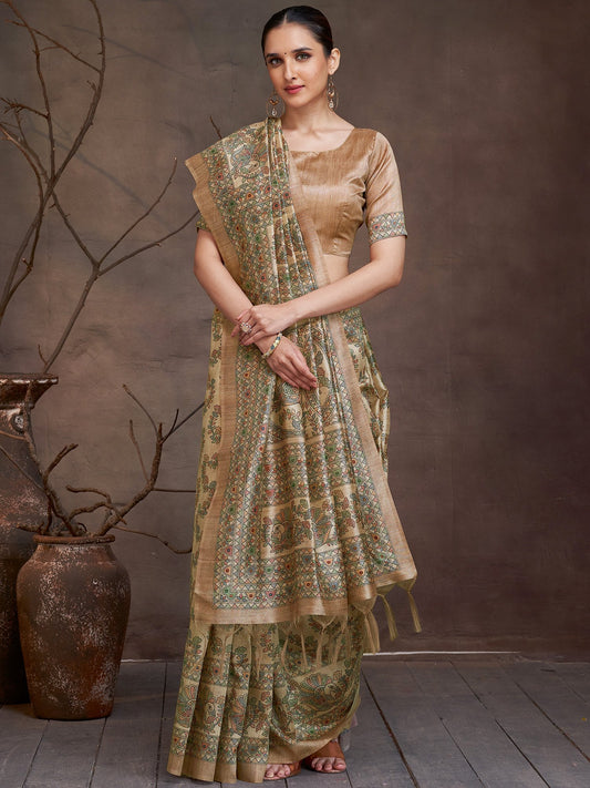 Golden Beige Banarasi Cotton Silk Digital Print Saree