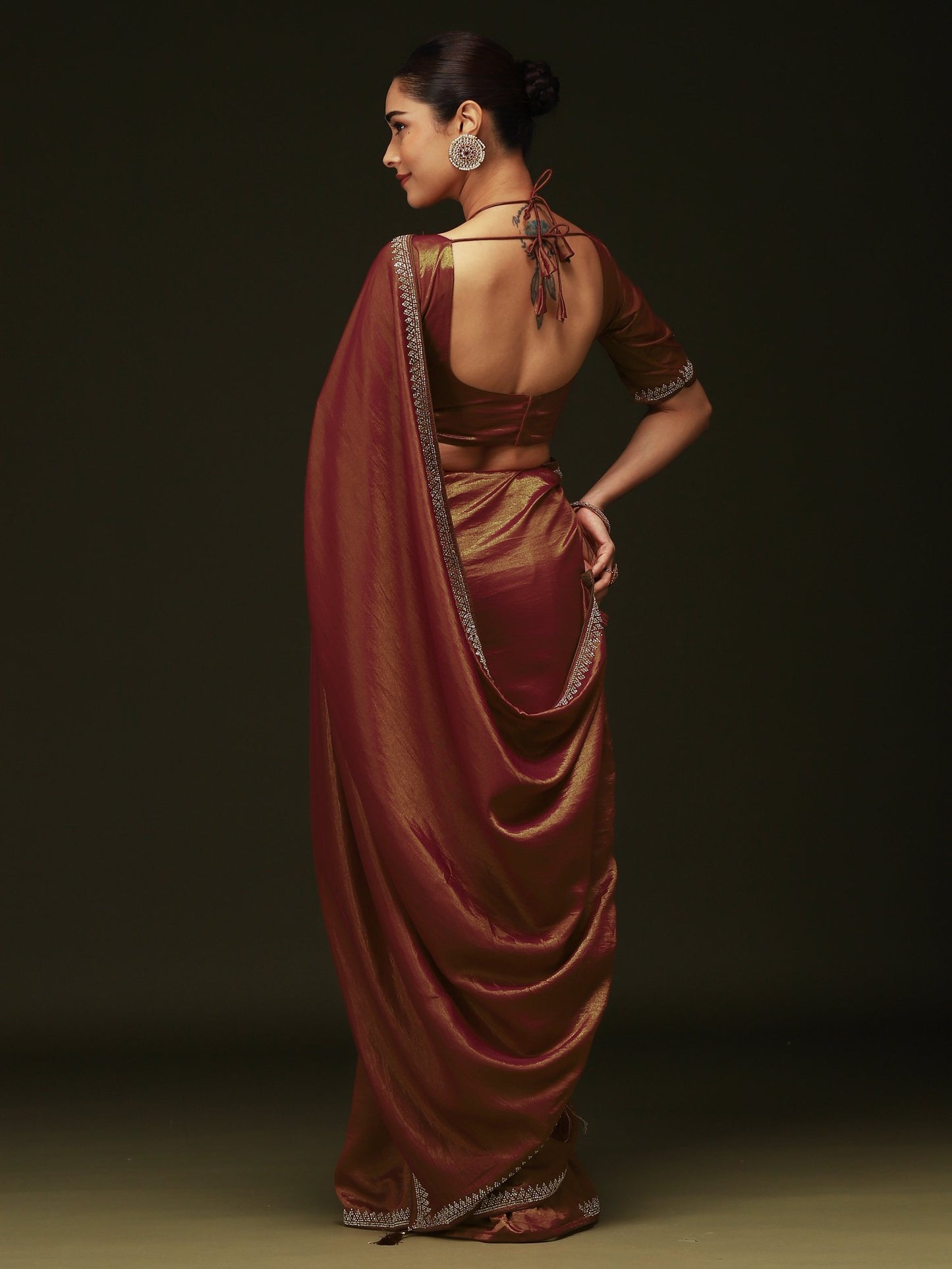 Rust Party Wear Satin Silk Embellished Saree