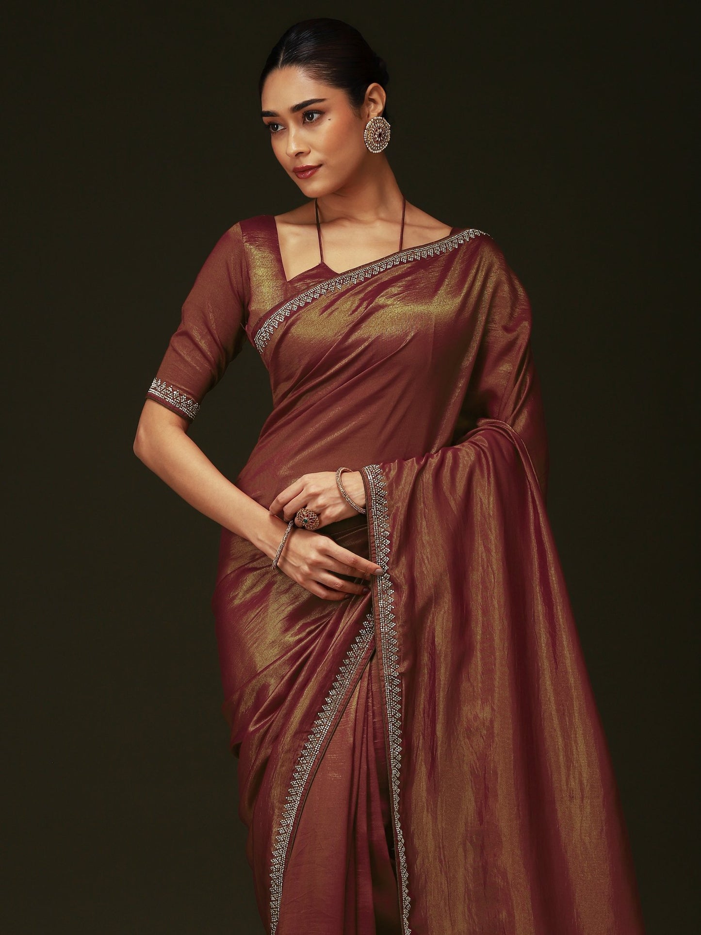 Rust Party Wear Satin Silk Embellished Saree