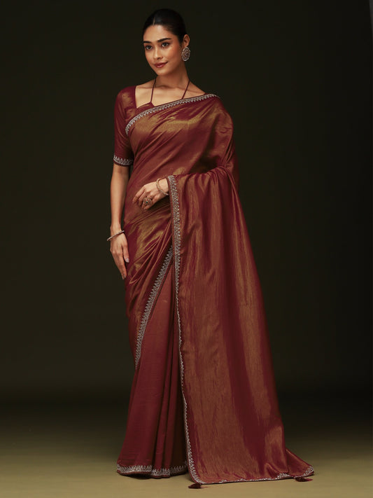 Brown Rust Party Wear Satin Silk Embellished Saree