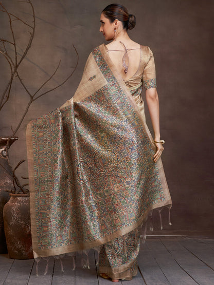 Beige Banarasi Cotton Silk Digital Print Saree