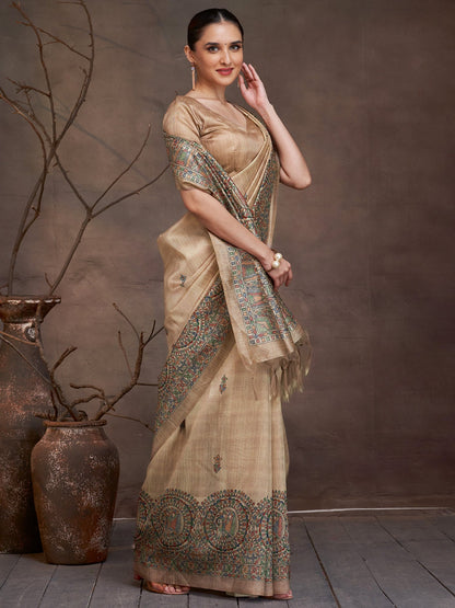 Golden Beige Banarasi Cotton Silk Digital Print Saree