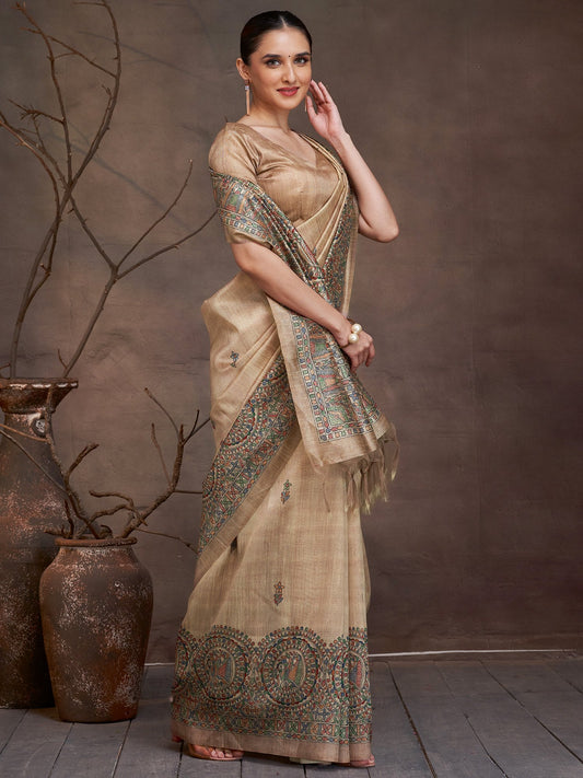 Golden Beige Banarasi Cotton Silk Digital Print Saree