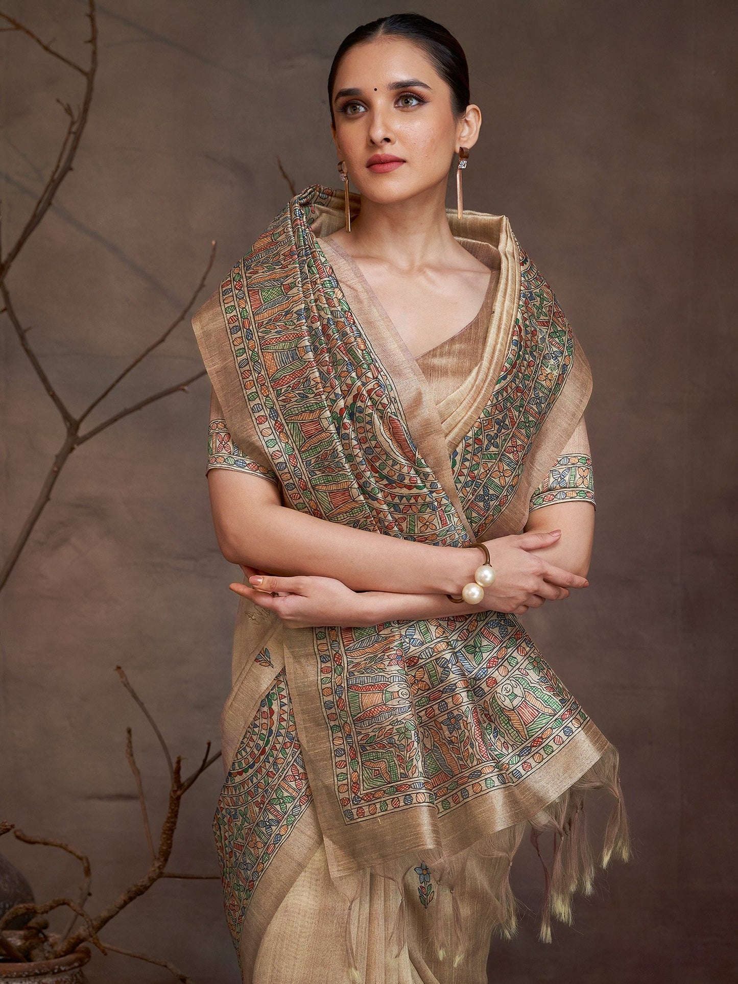 Beige Banarasi Cotton Silk Digital Print Saree