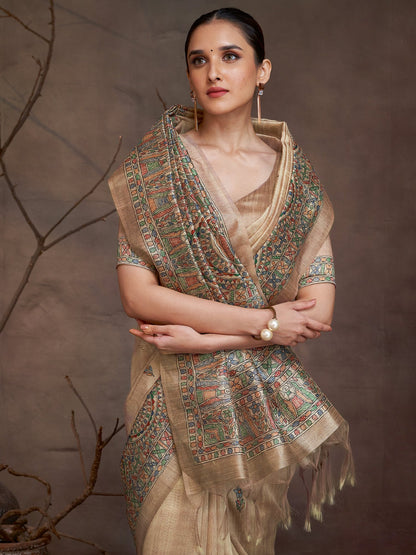 Beige Banarasi Cotton Silk Digital Print Saree