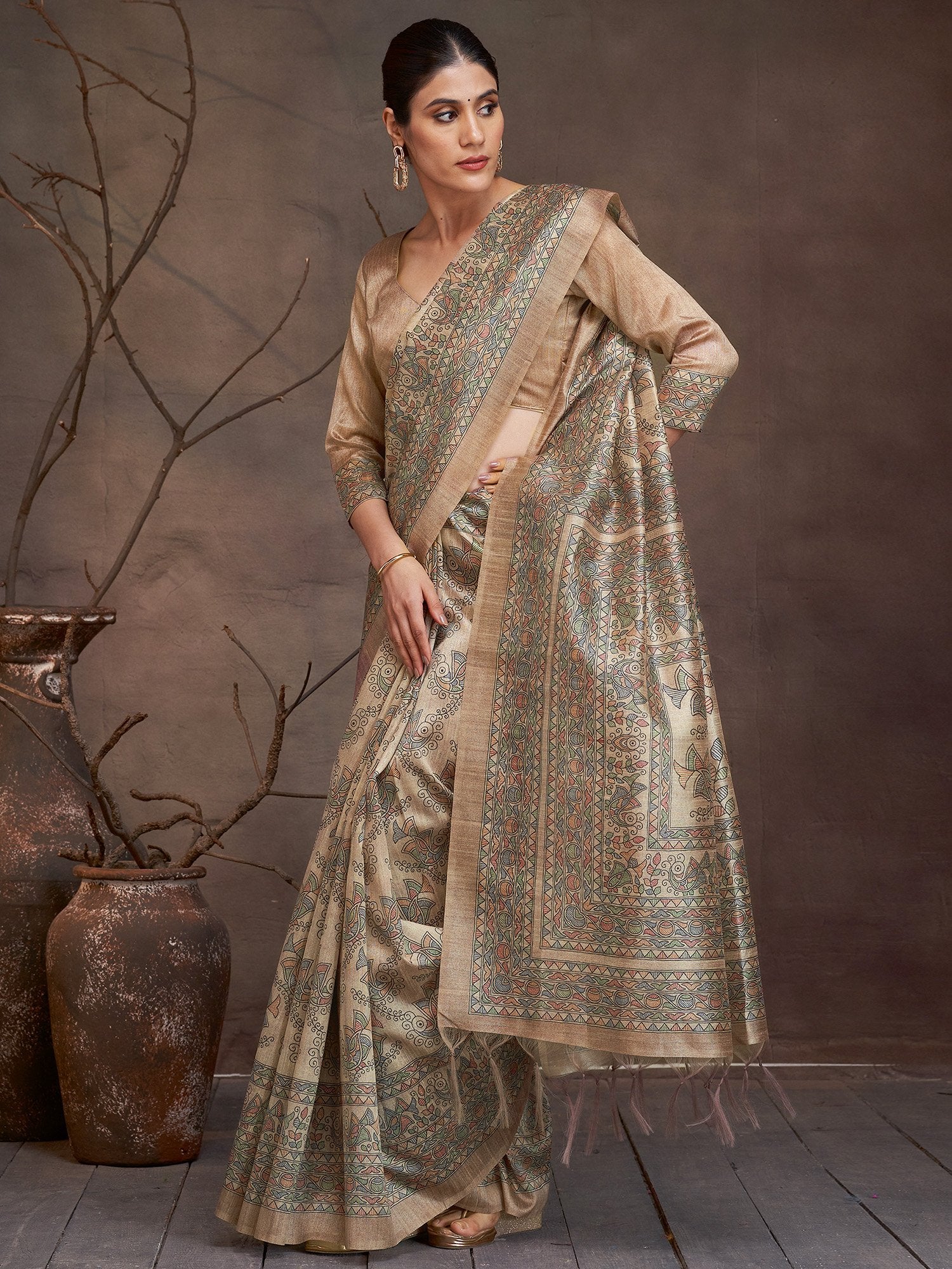 Golden Beige Banarasi Cotton Silk Digital Print Saree