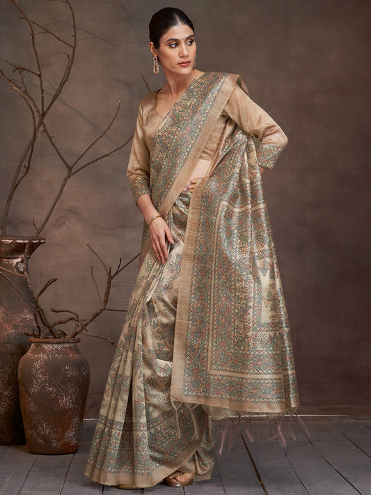 Golden Beige Banarasi Cotton Silk Digital Print Saree