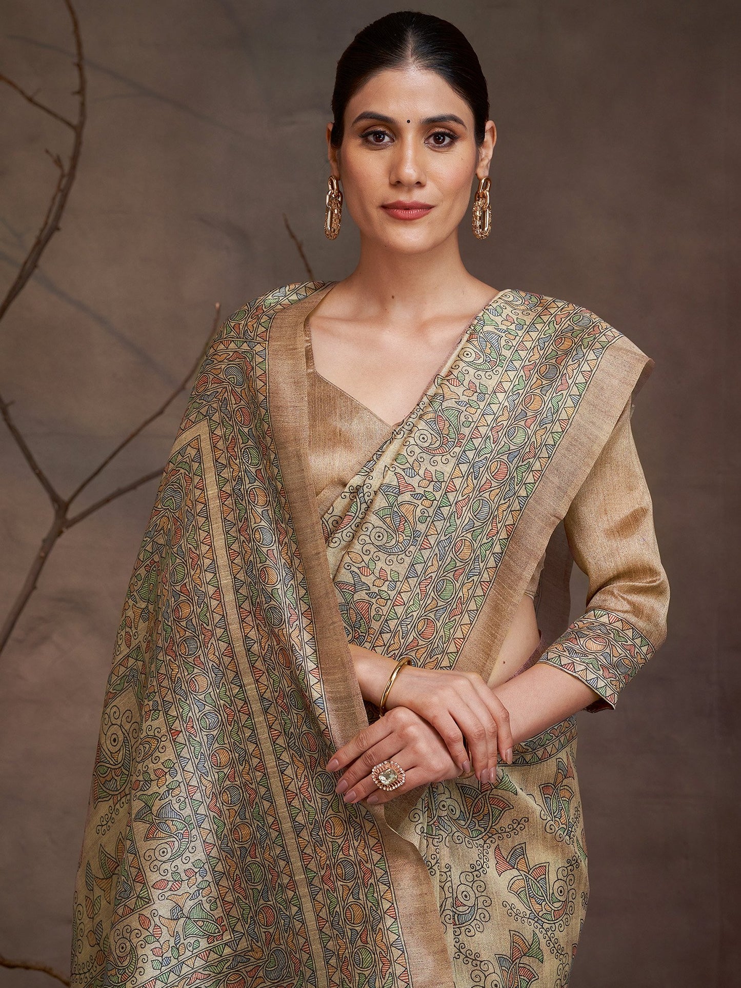 Beige Banarasi Cotton Silk Digital Print Saree