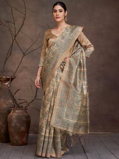 Beige Banarasi Cotton Silk Digital Print Saree