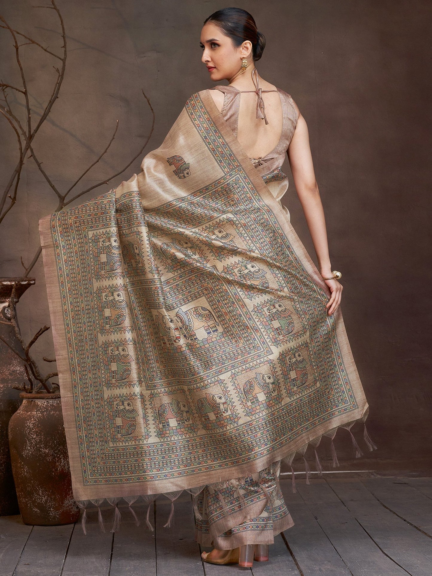 Beige Banarasi Cotton Silk Digital Print Saree