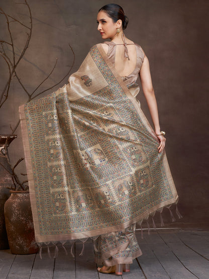 Beige Banarasi Cotton Silk Digital Print Saree