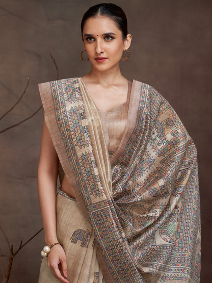 Beige Banarasi Cotton Silk Digital Print Saree