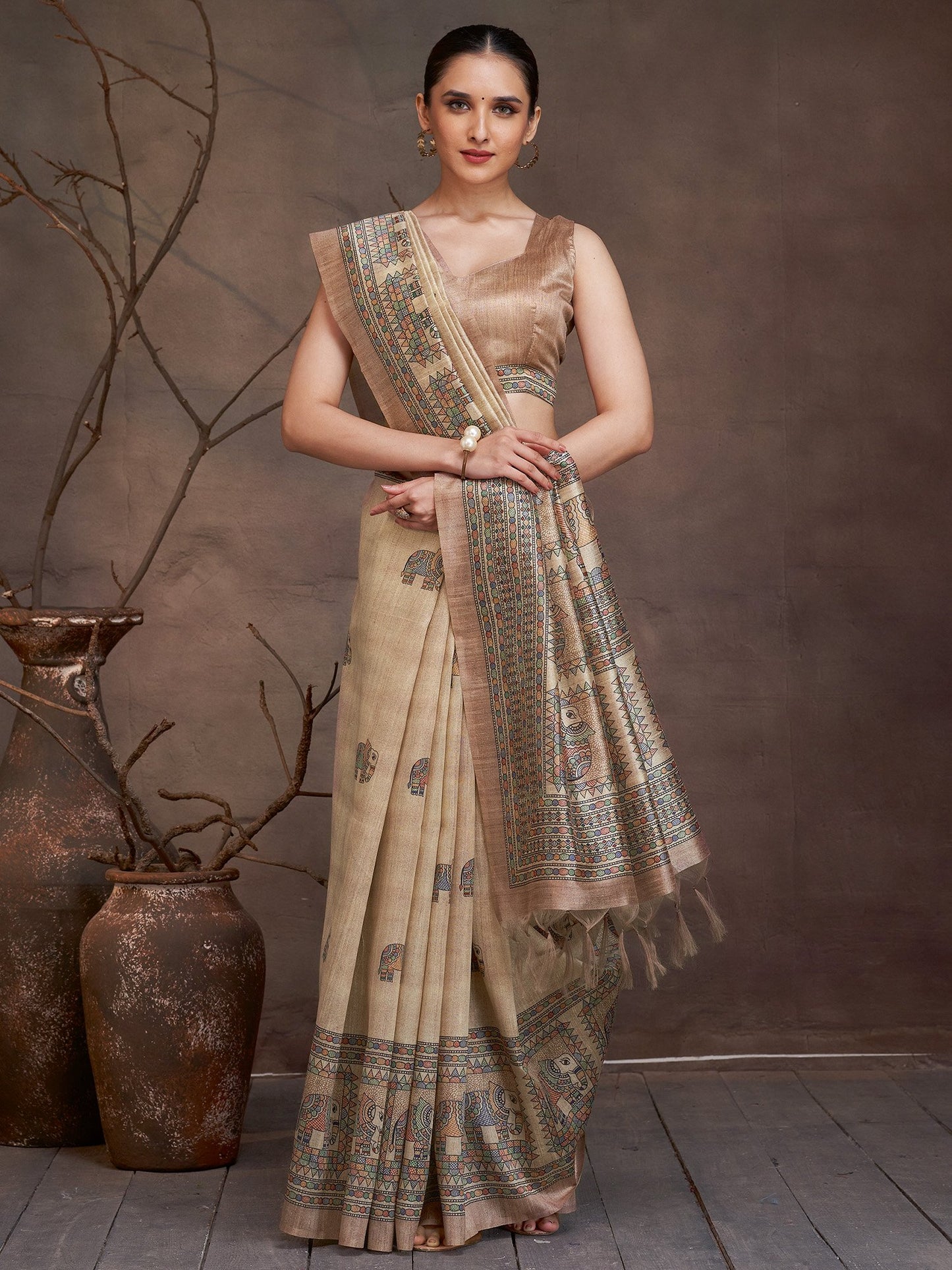 Golden Beige Banarasi Cotton Silk Digital Print Saree
